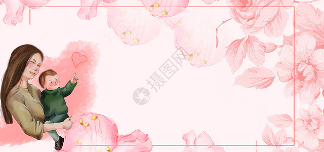 美女抱花母亲节粉色花朵边框小清新可爱背景设计图片
