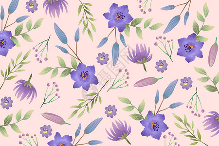 粉蓝色树叶粉紫色小清新花卉元素背景插画