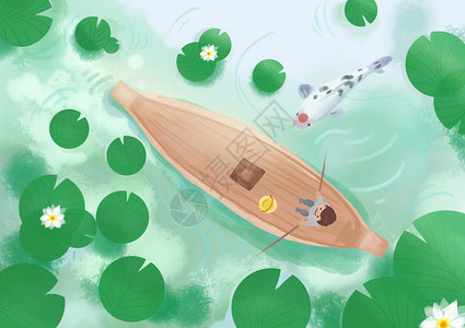 莲塘口岸在莲塘里划船插画