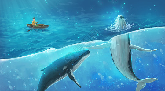 海与洋鲸鱼与少年插画