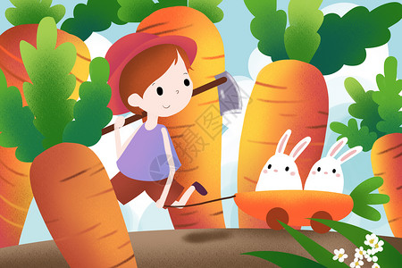 果蔬促销海报胡萝卜园里的小男孩插画