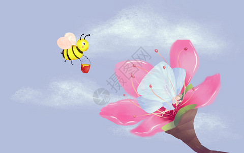 一朵红花勤劳的蜜蜂插画