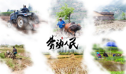 农民牵着牛五一劳动节 致敬最可爱的劳动人民设计图片