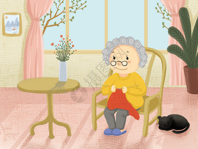 陆奶奶素材织毛衣的老奶奶插画