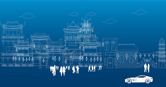 全家散步中国古建筑背景设计图片
