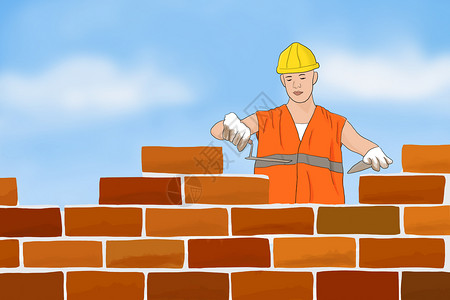 手绘一车砖建筑工人插画