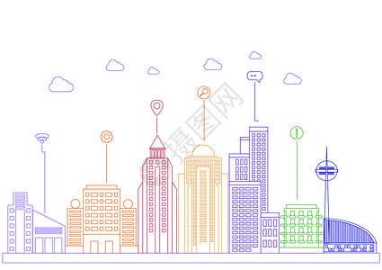 城市建筑与图标融合线性创意设计背景图片