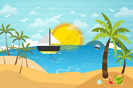 热带海滩椰子树海滩旅行插画