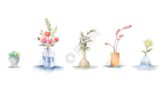 水彩盆栽元素手绘插画背景图片