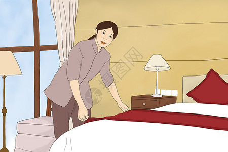 整理床单酒店服务员插画