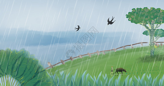 雨鹿中国风雨季风景插画
