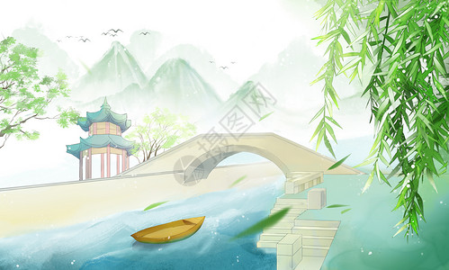 桥阶梯中国风插画背景图插画
