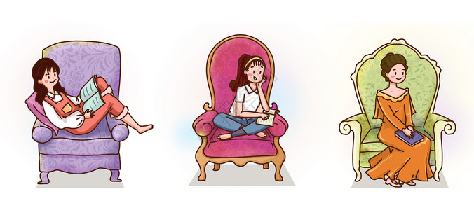 沙发上的美女沙发上看书插画