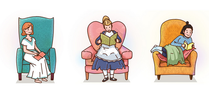 美女居家伸懒腰在沙发上看书插画
