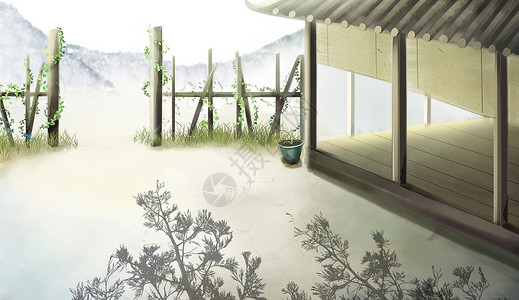 海边围栏中国风建筑插画