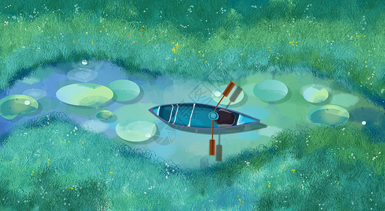 静谧湖水划船的小男孩儿插画