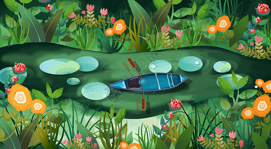 静谧湖水花丛中划船的小孩儿插画