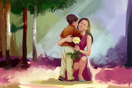 儿子给母亲献花母亲节 拥抱的母子插画