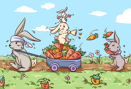 灰塑兔子家的快乐劳动节插画