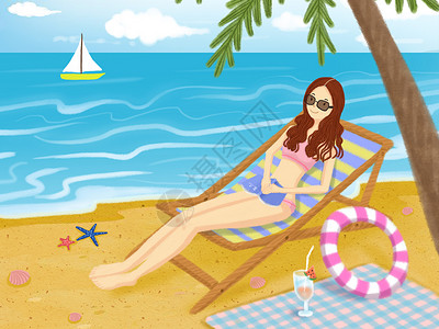 贝壳海边少女夏日的海边插画