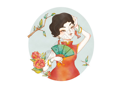 旧上海照片旗袍美人手绘插画唯美插画
