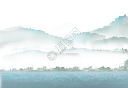 蓝色山中国风山水插画