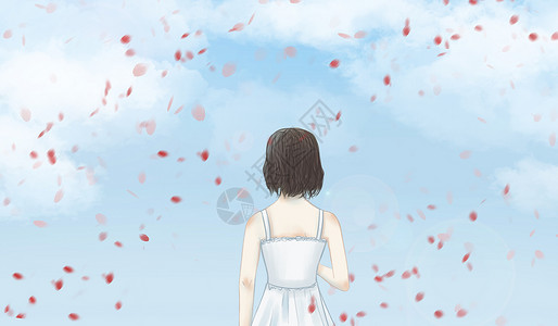 一片花瓣天空下的女孩插画