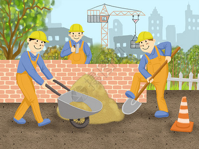 水泥建筑劳动的工人插画