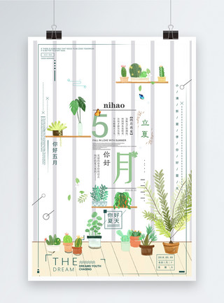 居家植物你好五月日签海报设计模板