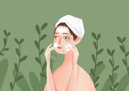 护肤植物美女洗脸插画