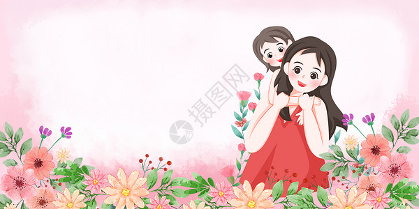 美丽妈妈和女儿粉色温馨母亲节背景插画