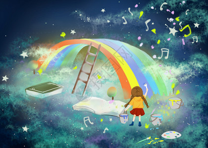 美术颜料画彩虹的小女孩插画