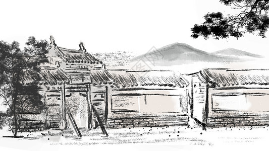 半木结构中国风建筑背景插画