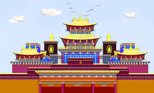 藏族建筑扁平化插画背景图片