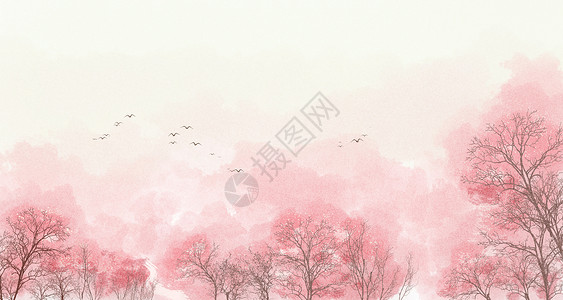 亭林公园手绘中国风樱花唯美背景插画