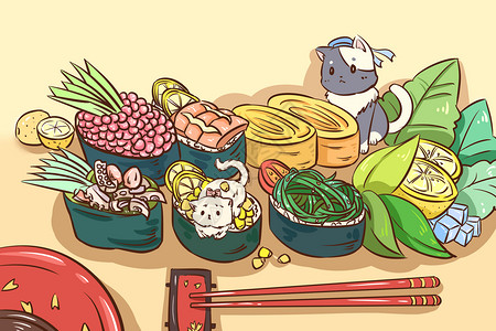 黄瓜和圣女果猫咪军舰寿司插画