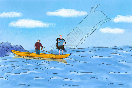 大海小岛和渔船出海捕鱼插画
