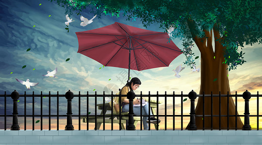 户外遮阳伞树下看书的女人插画