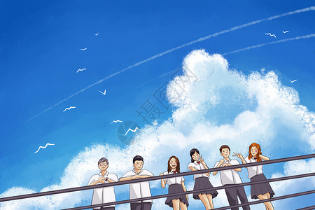 毕业的学生毕业季卡通蓝色天空背景插画