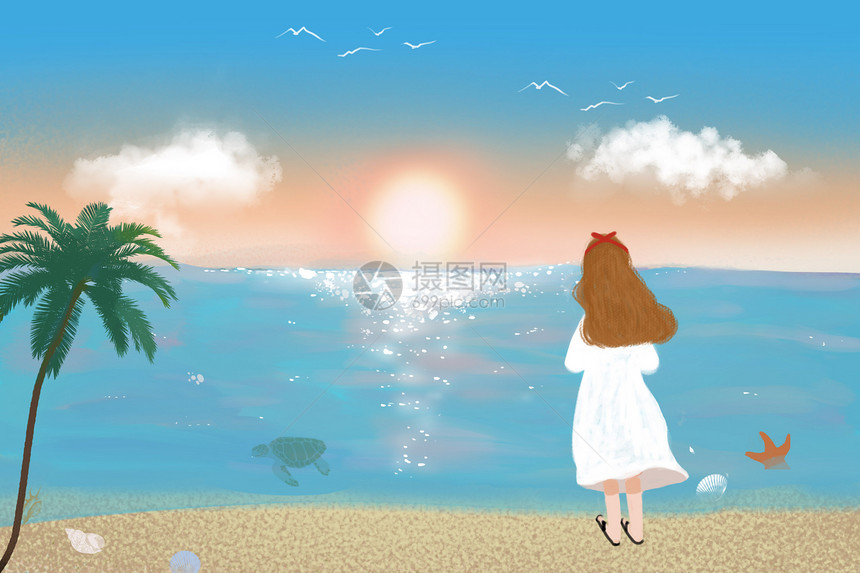 夏日海边看日落的女孩图片