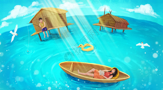 坐小船情侣海边旅游度假插画