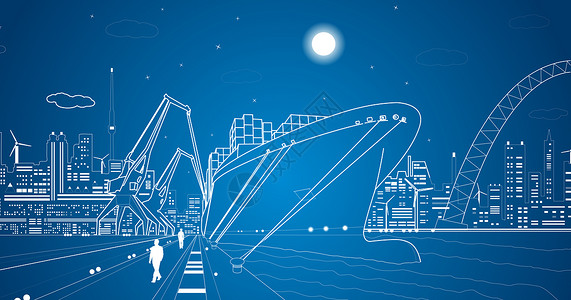 海港夜景繁忙的港口线条设计图片