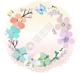 粉色蕾丝边框植物花笺插画