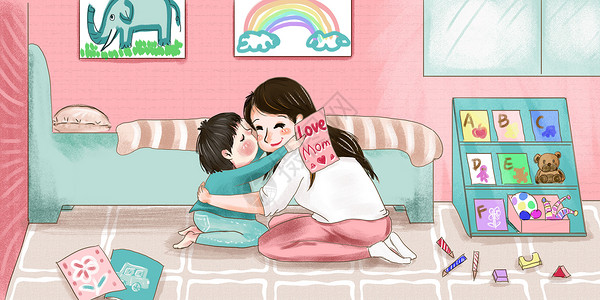 儿童房装修效果图孩子亲吻母亲的幸福时刻插画