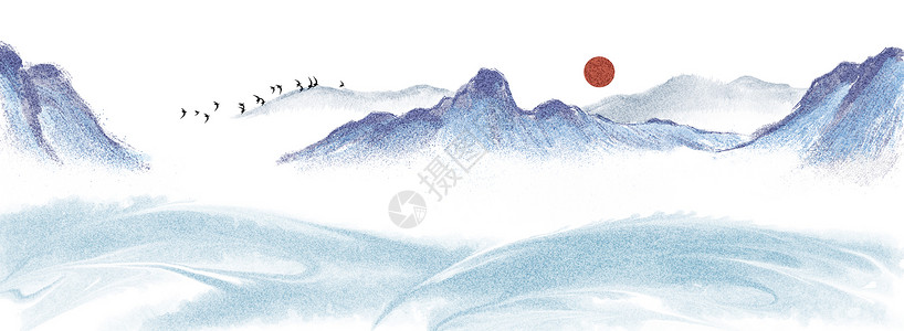 飞机上的景色中国风水墨背景插画