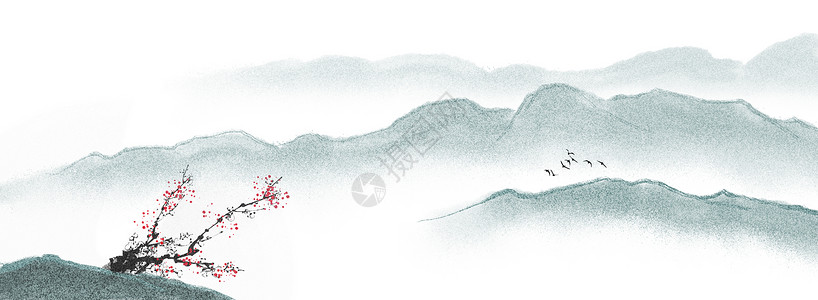 高清水花素材中国山水水墨背景插画
