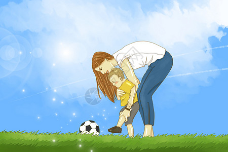 温柔母亲教孩子踢球的母亲插画