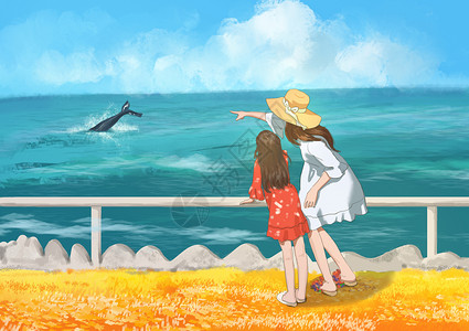 海滩母女母女看海插画