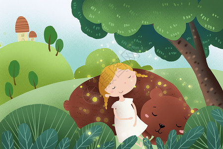 悠闲清凉树下睡觉的小女孩和熊插画