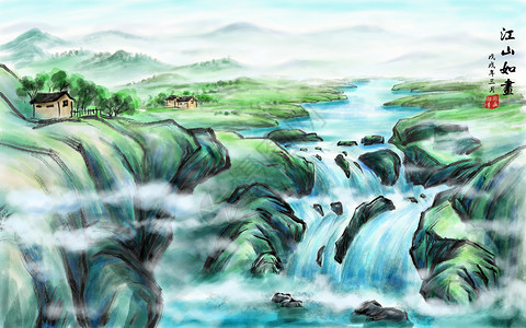 河流瀑布水墨山水画背景插画